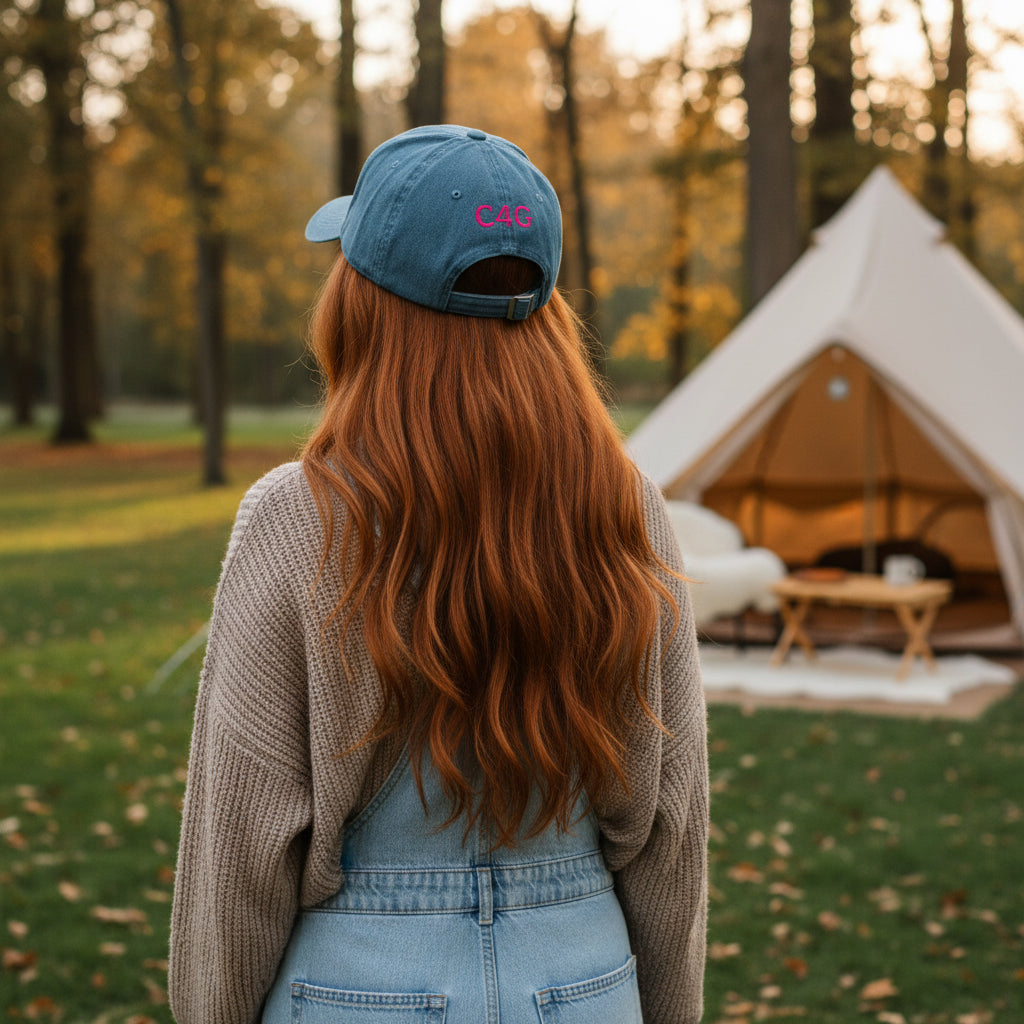 Embroidered Denim Hat — White Skull Front & 'CAG' Pink Back