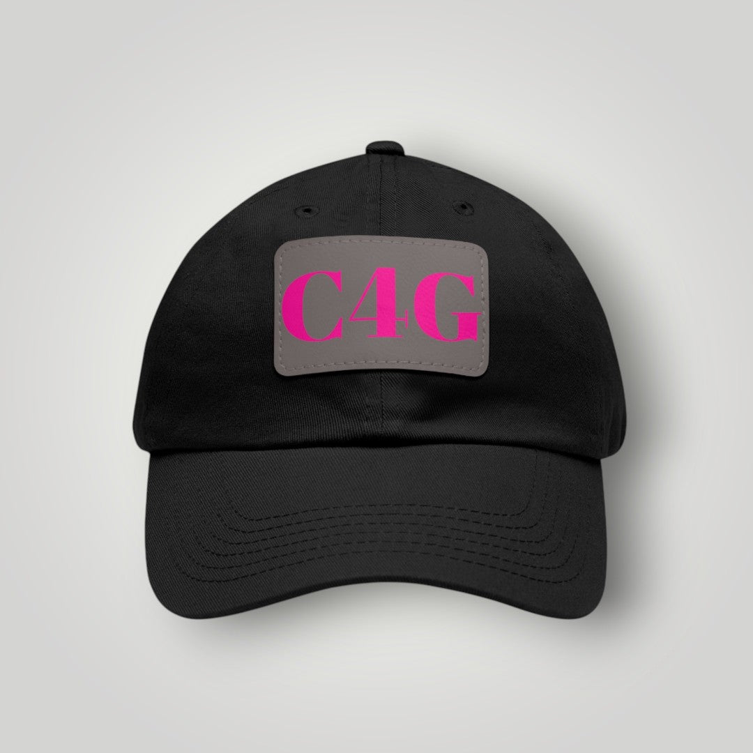 C4G Leather Patch Dad Hat – Casual Baseball Cap with Pink Logo