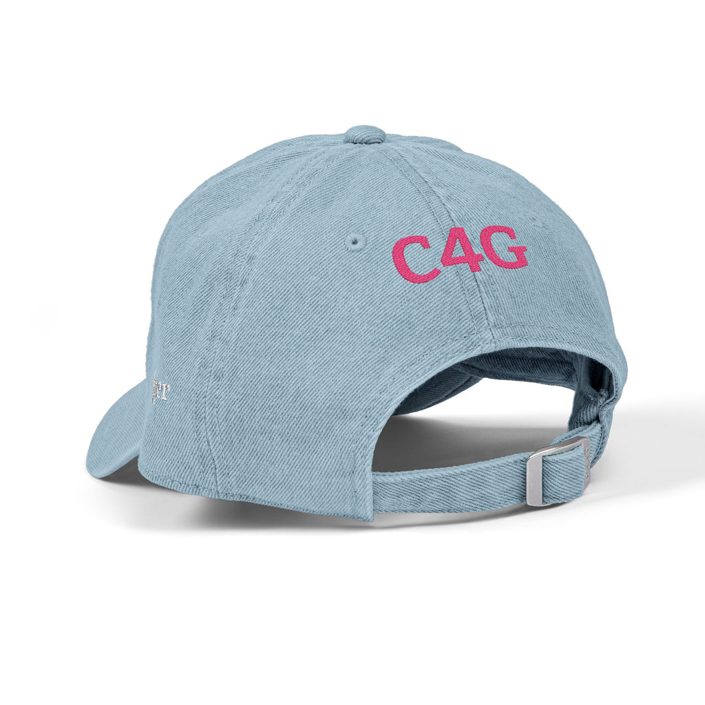 Embroidered Denim Hat — White Skull Front & 'CAG' Pink Back