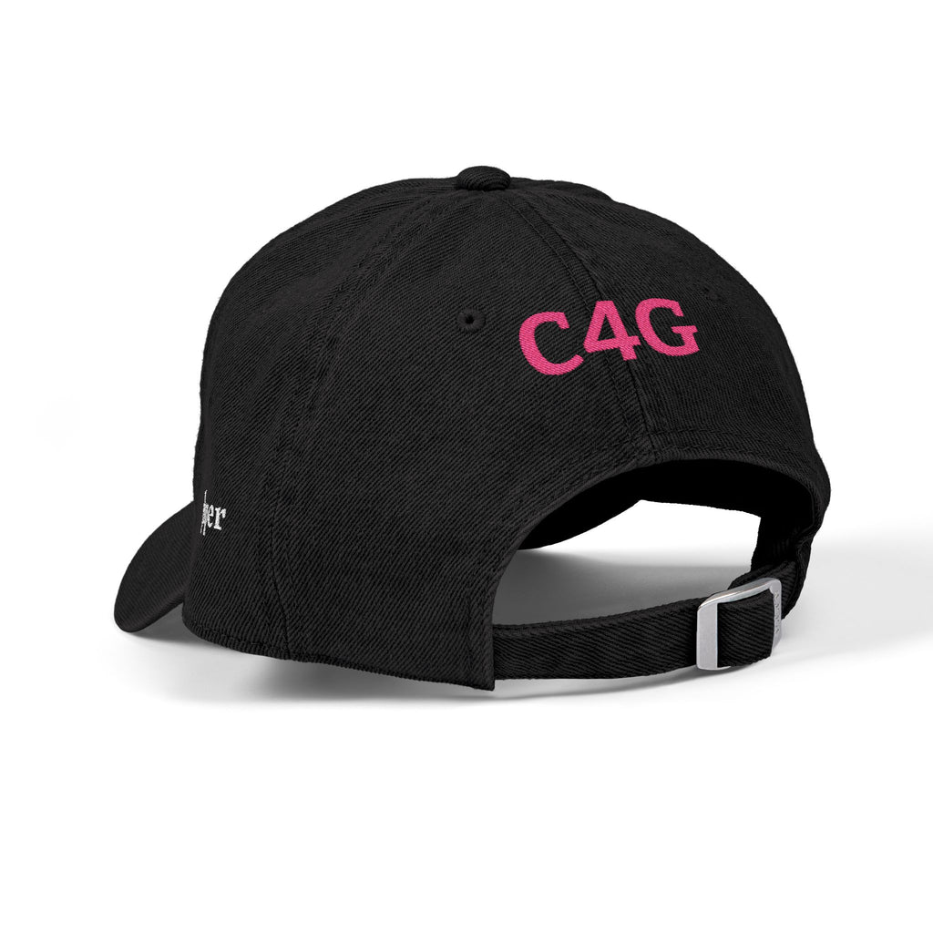 Embroidered Denim Hat — White Skull Front & 'CAG' Pink Back