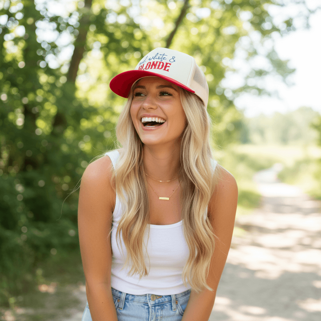 Red White & Blonde Embroidered Adjustable Five-Panel Twill Hat