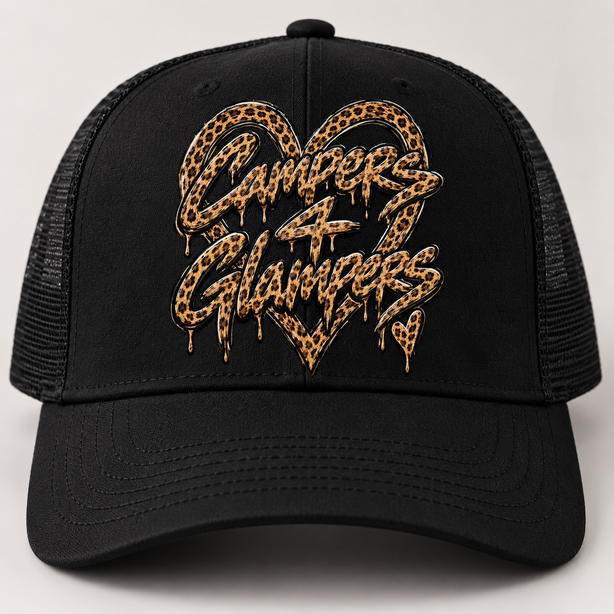 Black trucker hat with Campers 4 Glampers leopard heart graffiti design