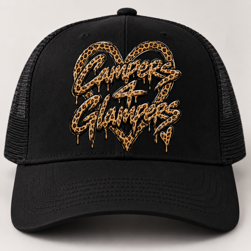 Black trucker hat with Campers 4 Glampers leopard heart graffiti design